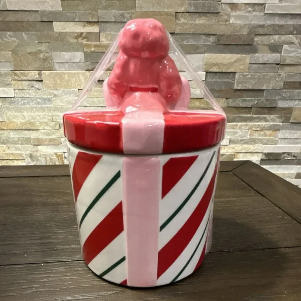 Ashland Berry Jolly Christmas Canister Ceramic Striped Pink Red Green With Lid